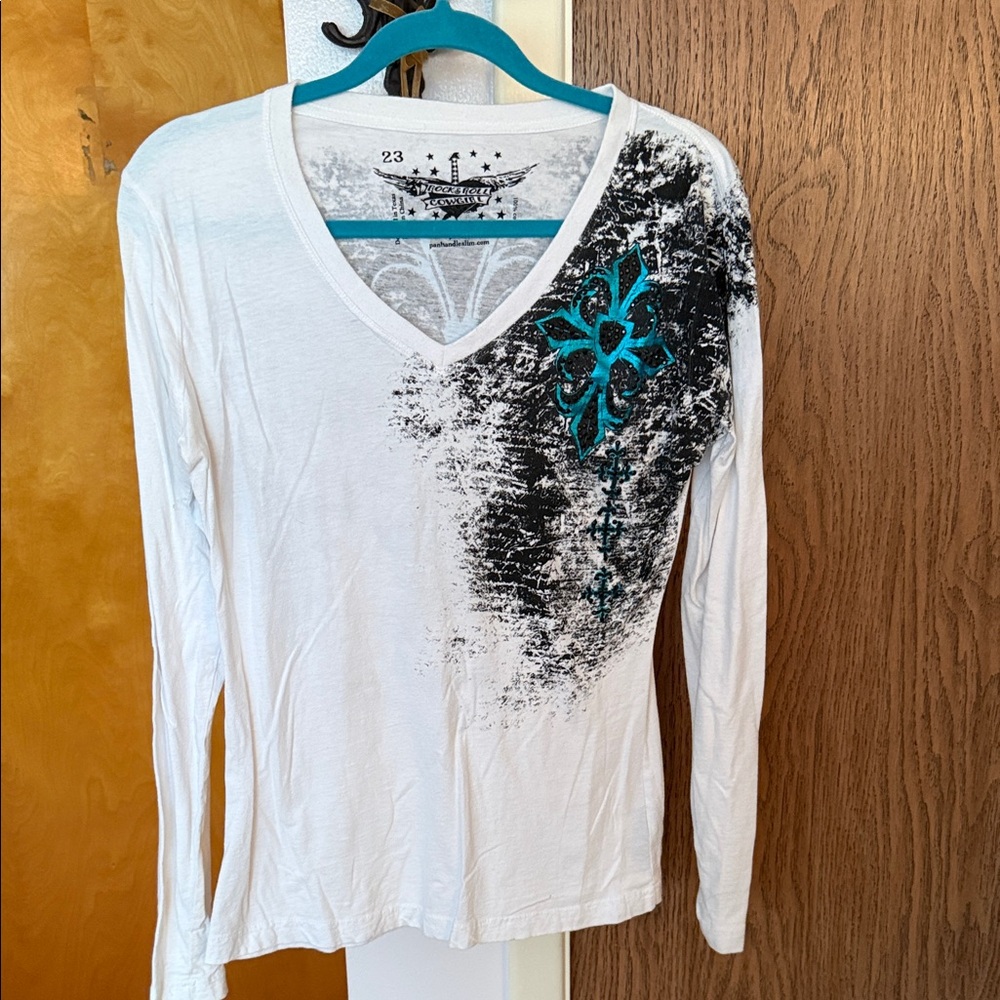 Rock & Roll Cowgirl White and Black Long Sleeve Top with Teal Accents